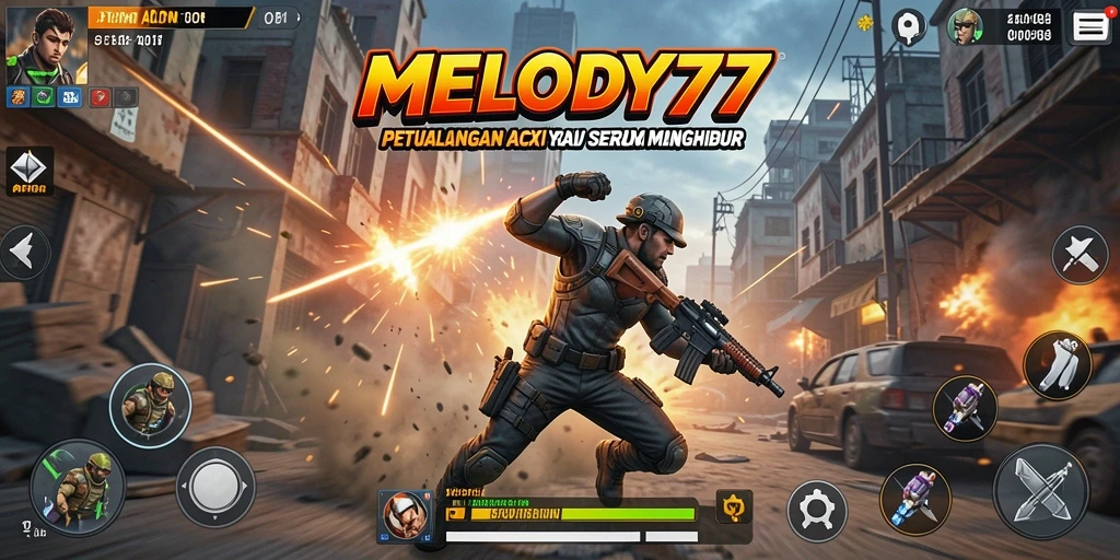 Tampilan antarmuka <strong>MELODY77</strong> yang menarik dengan karakter aksi dinamis.